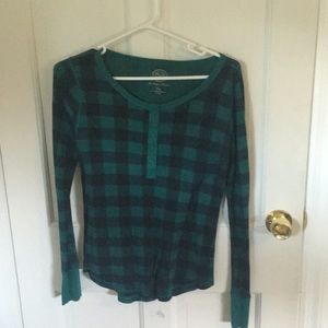 Green and black plaid thermal shirt.